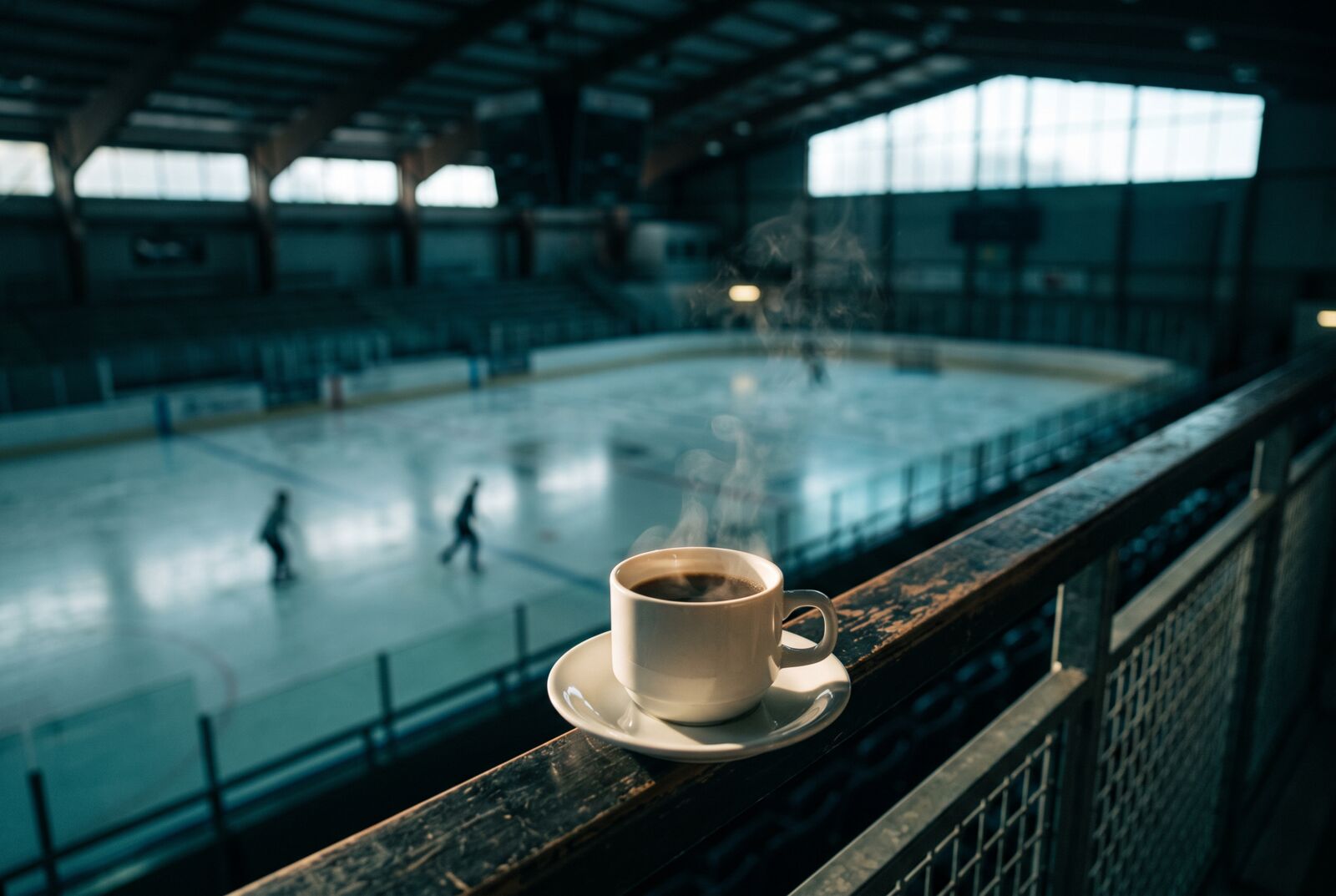Coffee cup on the viewing gallery rail above the ice at Planet Ice