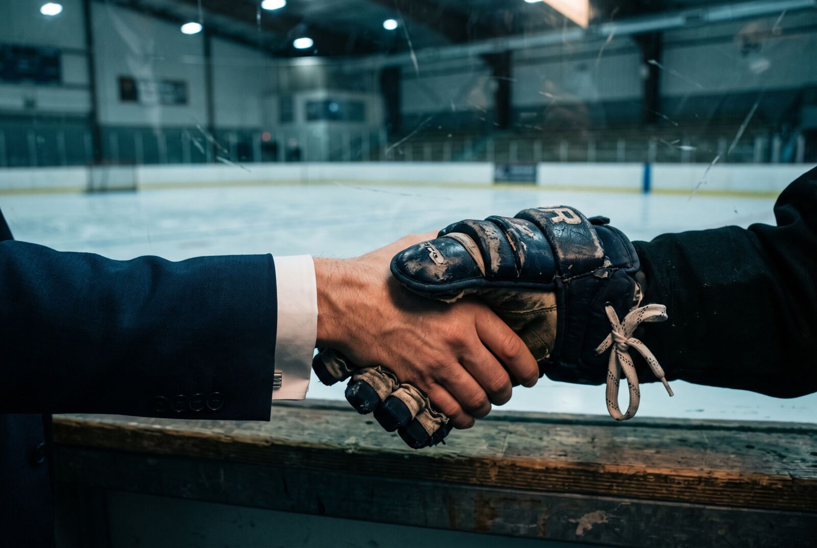 Handshake over the rink boards, one hand bare, one in an ice hockey glove