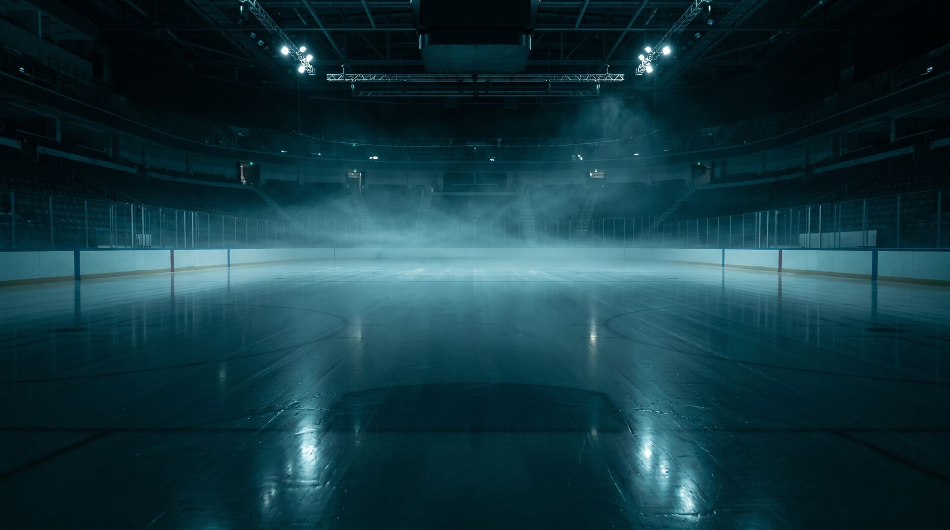 Empty ice hockey rink under arena lights
